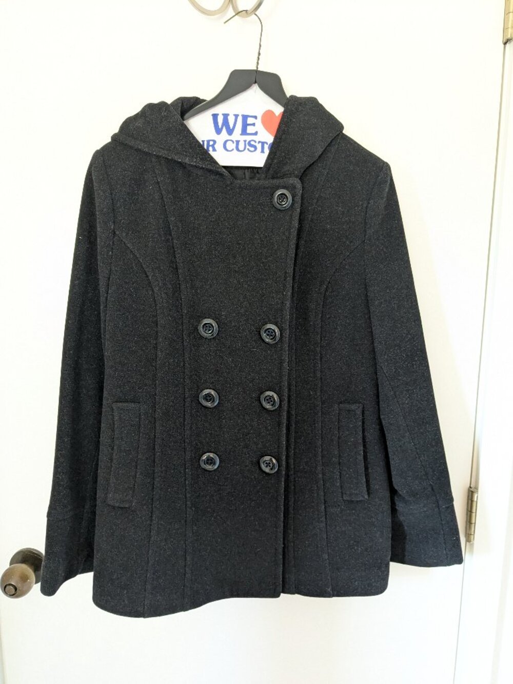 Hooded Braetan Double Breasted Wool Coat Charcoal Gray Size M